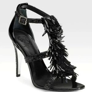 Tory Burch Black Fringe Strappy Heels Size 6.5